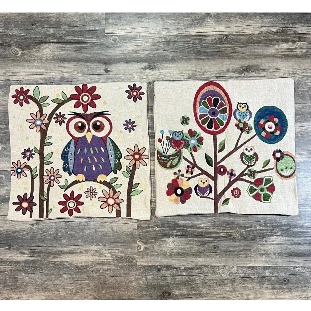 VTG Style Woven Owl Tapestry‎ Pillow Covers Set Boho Folk Art Cottagecore Decor